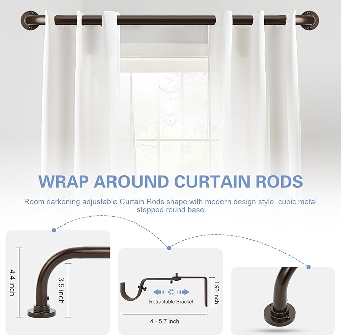 Bronze Wrap Around Curtain Rods 28 to 48 Inch:Blackout Heavy duty Adjustable Window Curtain Rod for Bedroom,Industrial Darkening Curved French Metal Single Drapery Rods Set Easy Install,Brown