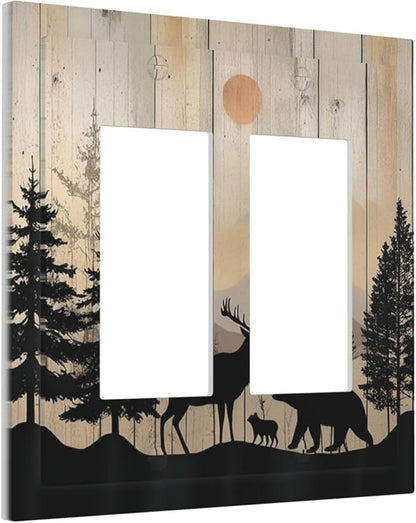 Decorative Outlet Covers Wood Board Wildlife Cute Bear Deer Forest Rustic 2 Gang Double GFCI Rocker Electrical Wall Panels Light Switch Cover Plate for Bathroom Farmhouse Decor