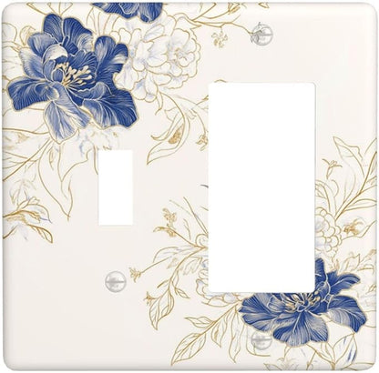 Decorative Outlet Covers Rustic Blue Flower Floral Gold Leaf 2 Gang Light Switch Cover Plate Single Toggle 1 Rocker Wall Plates for Electrical Outlets Switch Plate Covers for Home Decor