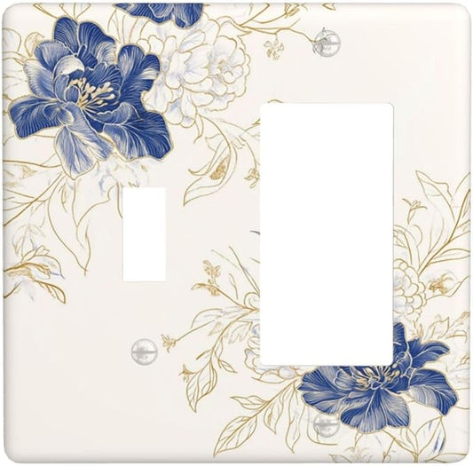 Decorative Outlet Covers Rustic Blue Flower Floral Gold Leaf 2 Gang Light Switch Cover Plate Single Toggle 1 Rocker Wall Plates for Electrical Outlets Switch Plate Covers for Home Decor