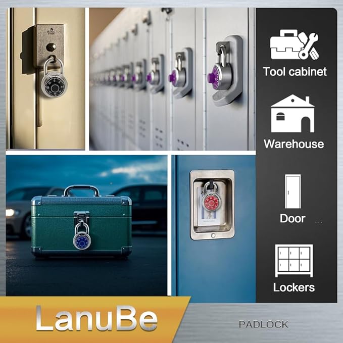 LanuBe Standard Dial Combination Lock, 2 inches. Wide, with Different Combinations, Purple Turnplate, Pack of 12; Lock for School, Employee, Gym Sports Locker, Case, Toolbox