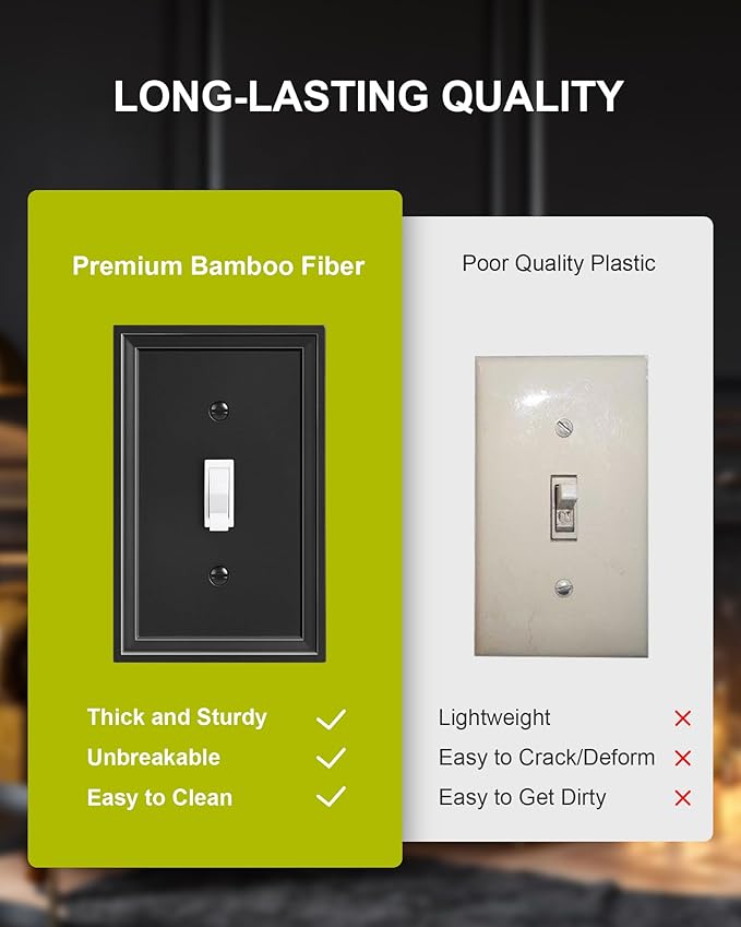 2-Pack Single Toggle Light Switch Covers Wall Plate, Black Decorative Switch Plate Covers, 1 Gang Natural Bamboo Fiber Wall Plate, Corrosion Resistant