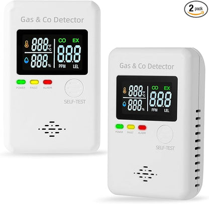 2 Packs Combination Natural Gas Detector & Carbon Monoxide Alarm,4-in-1 Real-time Display & Monitor,Low-Concentration Detect,Plug in Propane Detector & CO Alarm for Home,Camping,RV, Apartment