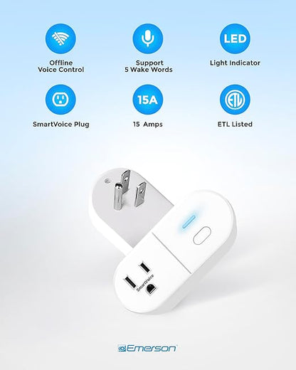 Emerson SmartVoice ES513 Wall Plug, Offline 30+ Voice Control Commands - No APP, No WiFi, No Setup, Smart Outlet Extender for Home and Office, Sleep & Wake Timer, ETL Listed