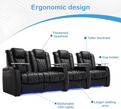Weilianda Home Theater Seating Top Grain Leather Zero Gravity Recliner Chair Power Headrest Recline Movie Seat Gaming 7 Colors Mood Light Sofa with Tray Table USB Charge Row of 4 Loveseat Left Black