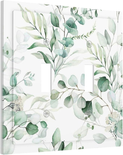 Boho Green Eucalyptus Leaf Floral Plants Flowers Decorative Switch Plates 2 Gang Double Toggle Outlet Light Switch Cover Wall Plate Electrical Faceplate for Bed Room Living Room Decor