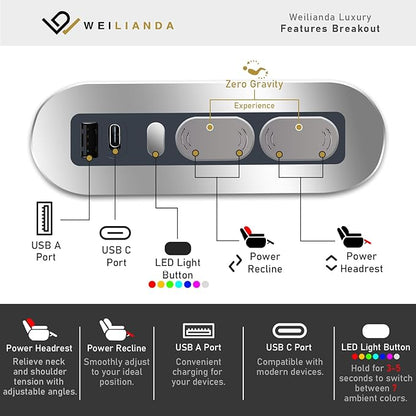 Weilianda Home Theater Seating Top Grain Leather Zero Gravity Recliner Chair Power Headrest Recline Movie Seat Gaming 7 Colors Mood Light Sofa with Tray Table USB Charge Row of 4 Loveseat Middle Black