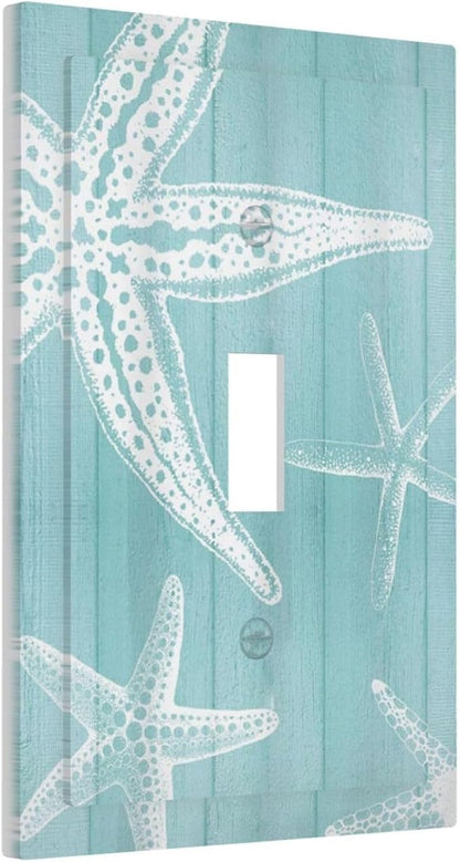 Decorative Light Switch Cover Plate Starfish Teal Wood Board Nautical 1 Gang Single Toggle Wall Plates for Electrical Outlets Outlet Covers Switch Plate Covers Faceplate for Bedroom Home Decor