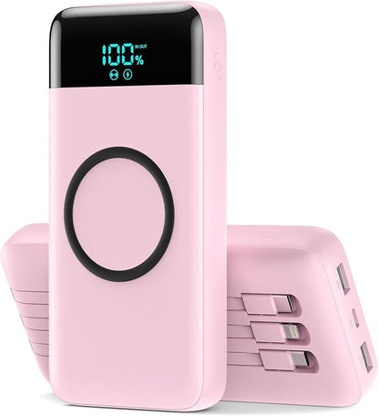Wireless Portable Charger 40800mAh with 3 Built-in Cables,7-in-1 15W Wireless Charging Power Bank,25W PD QC 4.0 Fast Charging USB C LCD Display Battery Pack for iPhone 16/15/13,Samsung,Android-Pink
