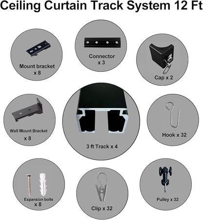Ceiling Mount Curtains Track Room Divider Privacy Partition Separator Curtain Tracks Rods Heavy Duty RV Shower Outdoor Rail Clip Hook Set, Black 3-12ft