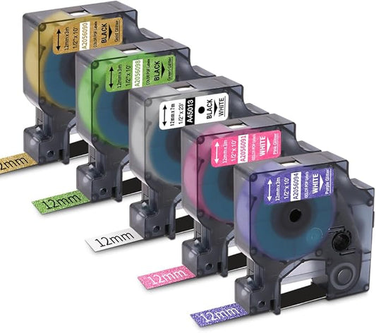 Freshworld 5-Pack Compatible with DYMO D1 Colorpop Label Tape 12mm 0.47" D1 Label Tape Refill, Replace COLORPOP Label Maker LabelManager 160 280 360D 420P PnP, White, Purple/Pink/Green/Gold Glitter