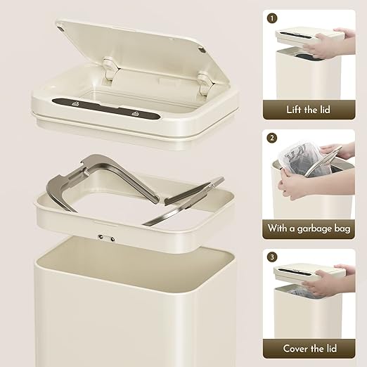 ELPHECO Stainless Steel Office Trash Can Motion Sensor Garbage Can Touchless Smart Trash Can Automatic Waste Bin for Kitchen, Office, Bathroom (Cream Beige, 5.5 Gallons)