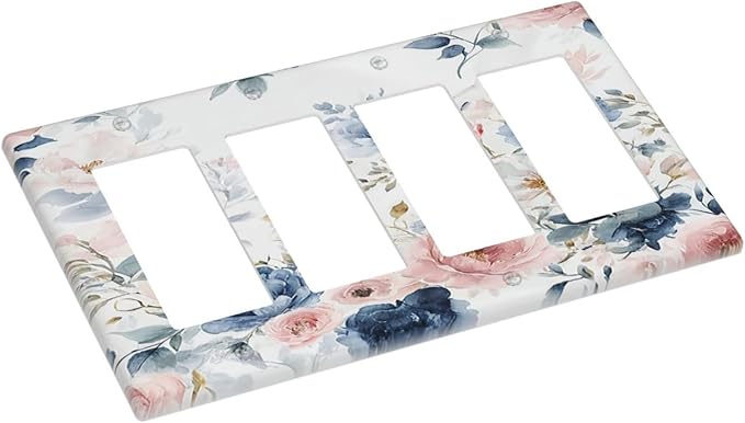 Elegant Watercolor Pink Blue Flowers Floral 4 Gang Wall Plates Outlet Covers Triple Rocker Light Switch Cover Plate Decorative Switch Plates GFCI Electrical Faceplate for Bathroom Bedroom 4.5 X 8 IN