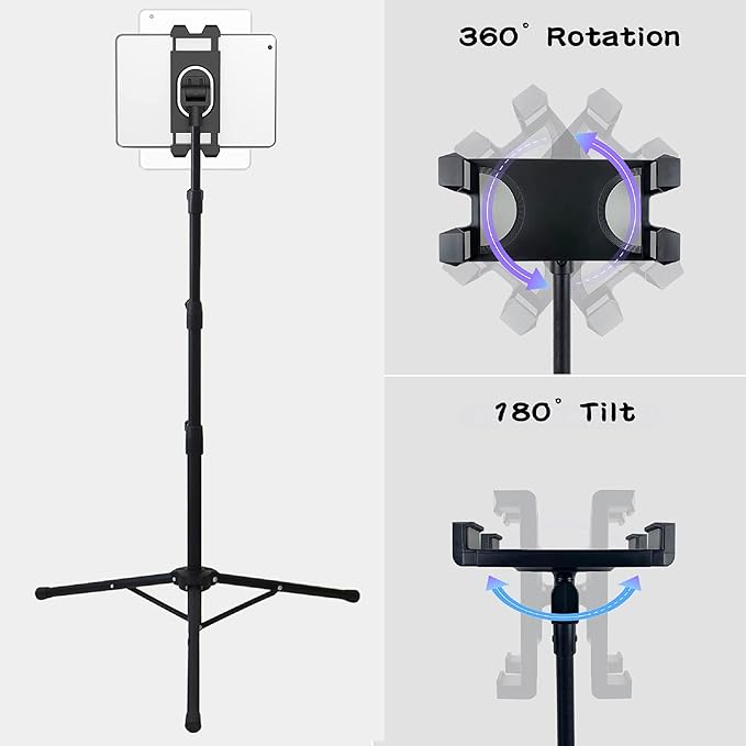 Raking Tablet Floor Stand, Height Adjustable Cellphone Floor Stand with 360°Rotating Tripod Mount, Compatible with iPhone iPad mini/Air/Pro and All 5.5-12.9 Inch Devices