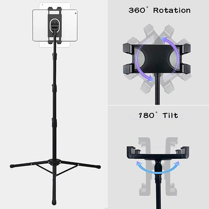 Raking Tablet Floor Stand, Height Adjustable Cellphone Floor Stand with 360°Rotating Tripod Mount, Compatible with iPhone iPad mini/Air/Pro and All 5.5-12.9 Inch Devices