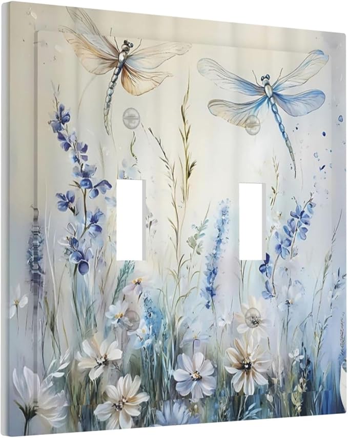 Decorative Light Switch Cover Plate Watercolor Dragonfly Blue Wihte Flower 2 Gang Outlet Covers Double Toggle Wall Plates for Electrical Outlets Switch Plate Covers Faceplate for Home Decor