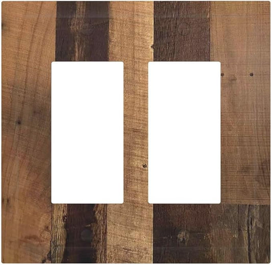 Rustic Brown Wood Vintage Wood Board Decorative Outlet Covers 2 Gang Double Gfci Rocker Electrical Wall Panels Light Switch Cover Plate For Farmhouse Cabin Decor