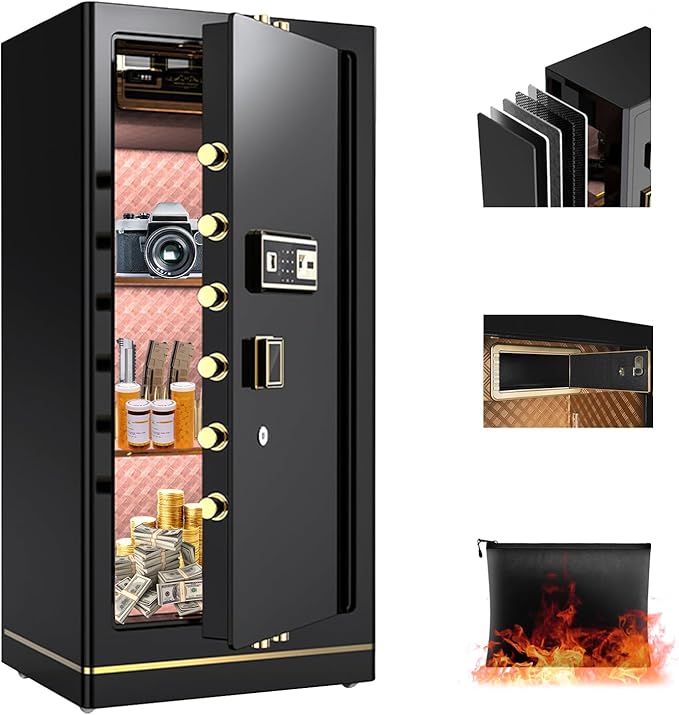 MLJ Large Security Safe - 8.1 Cu. Ft. Waterproof & Fireproof Home Safe with 2 Removable Shelves and Inner Cabinets for Storing Money, Medicines, Jewellery and Other Valuables (Fingerprint Lock)