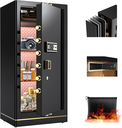 MLJ Large Security Safe - 8.1 Cu. Ft. Waterproof & Fireproof Home Safe with 2 Removable Shelves and Inner Cabinets for Storing Money, Medicines, Jewellery and Other Valuables (Fingerprint Lock)