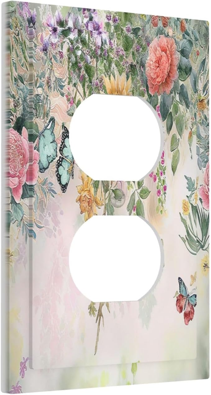 Rustic Floral Watercolor Flower Blossom Butterfly 1 Gang Duplex Receptacle Switch Wall Plate Decorative Switchplate Outlet Covers Electrical Plug Cover Faceplate for Bathroom Home Decor 5 X 3 IN