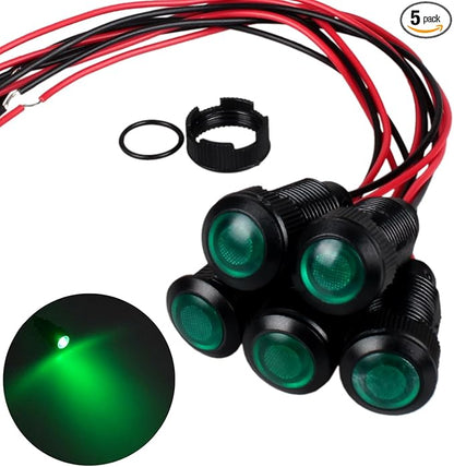 5pcs 12mm 12V-24V LED Indicator Light Plastic Black Signal Dot Lamp 12V-24V 1/2 inches Mounting Hole Size with 15cm/5.9in. Wire (Green LED)