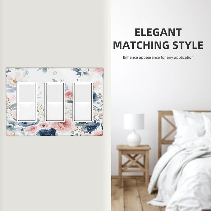 Elegant Watercolor Pink Blue Flowers Floral Triple Rocker Light Switch Covers 3 Gang Outlet Cover Wall Plates Decorative Switch Plates Electrical GFCI Faceplate Switchplate for Home 4.49 X 6.38 IN