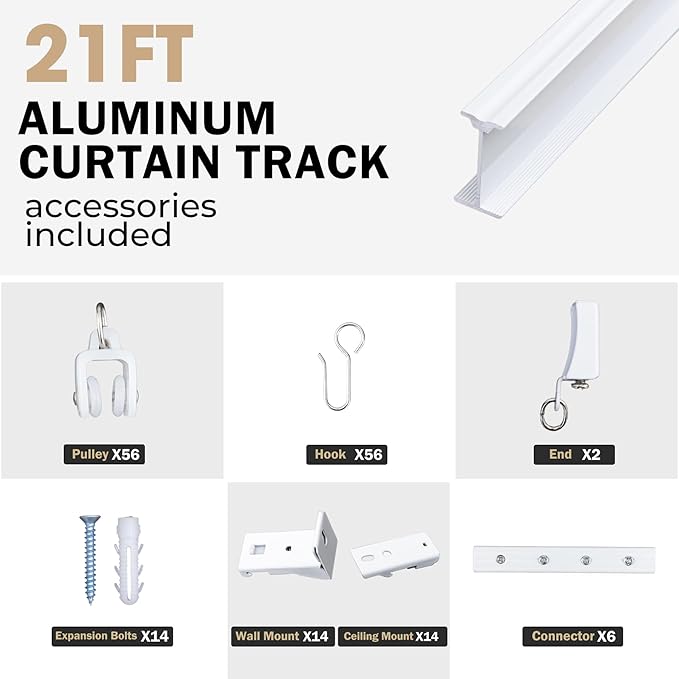 Aluminum Ceiling Curtain Track Set with Hooks Ceiling Mount and Wall Mount Room Divider Sliding Curtain Tracks Rods Flexible Heavy Duty Curtain Rail Hook Sets,White,21FT