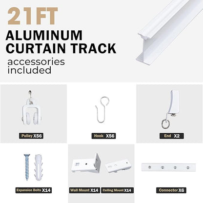 Aluminum Ceiling Curtain Track Set with Hooks Ceiling Mount and Wall Mount Room Divider Sliding Curtain Tracks Rods Flexible Heavy Duty Curtain Rail Hook Sets,White,21FT