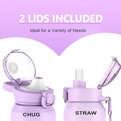 24oz Insulated Water Bottle 18/10 Stainless Steel with 2Lids(Straw Lid& Spout Lids), 700ml Double Wall Vacuum Water Bottle with Handle Keep Cold and Hot for Men, Women & Kids PURPLE PINK