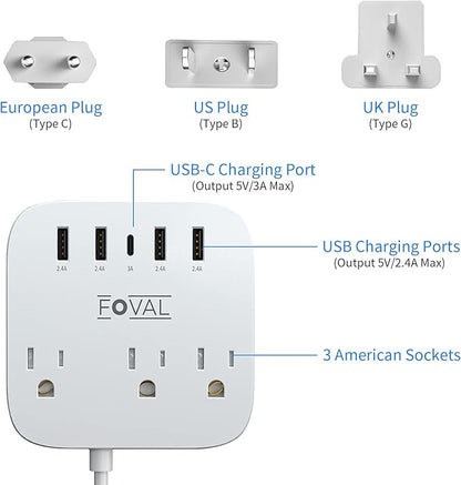 European Travel Plug Adapter, FOVAL EU UK US Power Strip with USB C and 4 USB Ports, 3 AC Outlets, Wall Mountable, 5ft Extension Cord, Compact for Travel, Cruise Ship, Home Office (White)