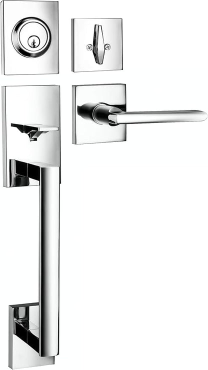 Berlin Modisch HandleSet Front Door Entry Handle and Deadbolt Lock Set Slim Square Single Cylinder Deadbolt and Lever Reversible for Right & Left Sided Doors Heavy Duty – Polished Chrome Finish