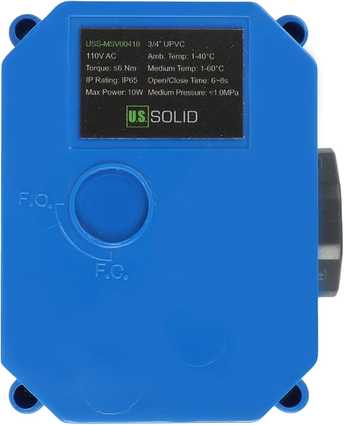 U.S. Solid 3/4" UPVC Motorized Ball Valve - Plastic Electrical Ball Valve with Standard Port, 2 Wire Auto Return, 110V AC, Normally Closed