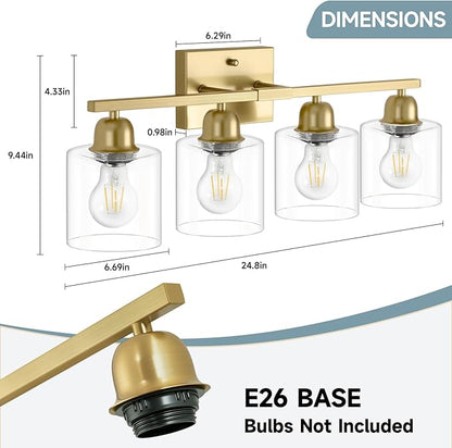 Modern Brushed Gold 4 Light Bathroom Light Fixtures, 24 inch Vanity Lights for Bathroom with Clear Glass, Bathroom Vanity Light for Mirror Kitchen Living Room Hallway Cabinet Porch