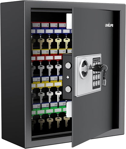 Uniclife 70 Position Key Cabinet with Combination & Key Lock Wall Mounted Security Keys Safe Key Organizer Black Digital with Keypad Adjustable Racks Key Tags & Permanent Pen (Batteries Not Included)