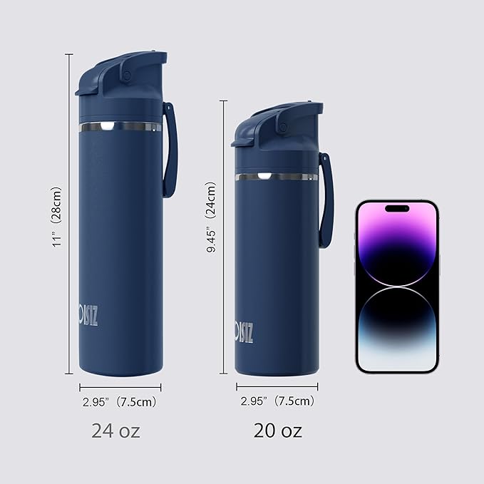 OISIZ Insulated Water Bottle 20 oz with 2 in 1 Spout and Straw Lid,One Click Safety Lock,100% Leakproof,Keep Cold 24H,Vacuum Stainless Steel Water Bottle for School,Travel and Sports,Dishwasher Safe