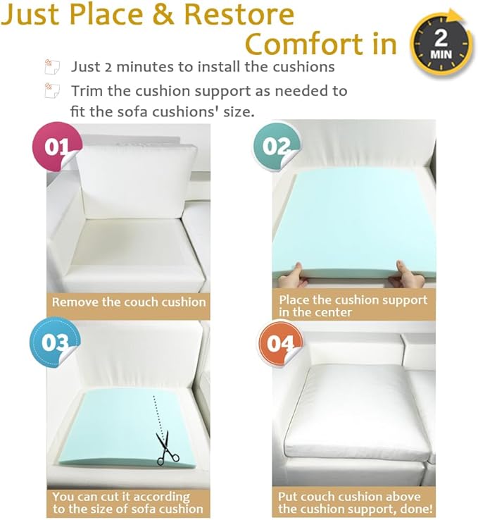 Couch Cushion Supports for Sagging Seat 22'' x 22'' High Density 40D Curved Foam Sofa Cushion Support Under The Saggy Pads Firmer Foam Lifters for Saggy Couch Set of 3 (Blue, 22''*22'')