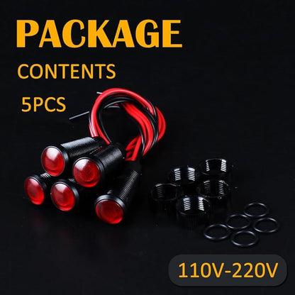 5pcs 10mm LED Indicator Light Plastic Black Signal Dot Lamp 110-220V AC 2/5" Mounting Hole Size with 15cm/5.9in. Wire (Red LED)