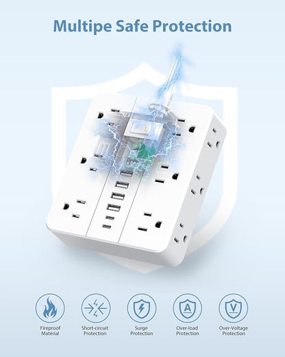 Power Strip Flat Plug with 12 Outlets 6 USB(2 USB C),SMNICE Surge Protector Charging Station with Overload Protection,5ft Extension Cord Widely Spaced Multiple Outlets for Home Office Dorm Essentials