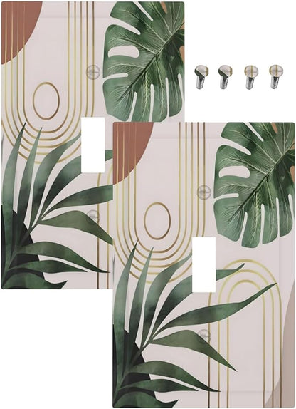 Decorative Light Switch Plate Covers Boho Mid Century Arch Green Leaves 1 Gang Light Switch Cover Plate Single Toggle Wall Plate Outlet Covers Faceplate for Bedroom Decor （ 2 Pack）