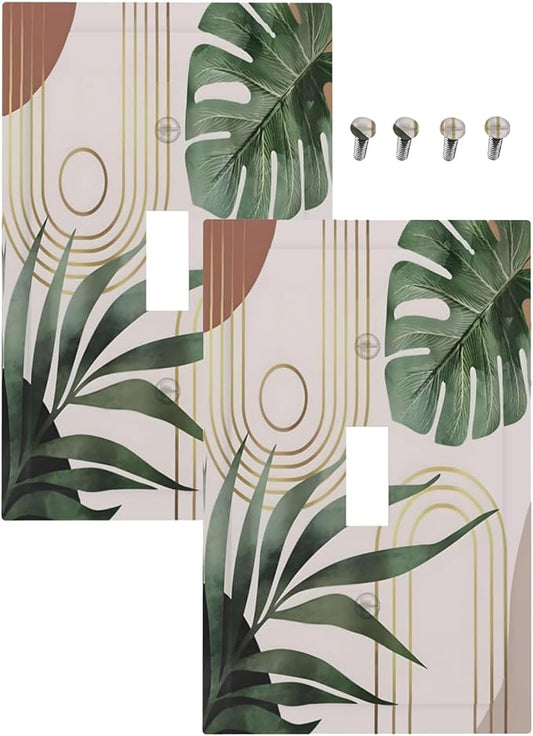 Decorative Light Switch Plate Covers Boho Mid Century Arch Green Leaves 1 Gang Light Switch Cover Plate Single Toggle Wall Plate Outlet Covers Faceplate for Bedroom Decor （ 2 Pack）