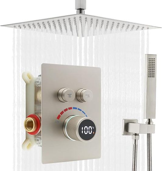 Digital Display Shower System Set 16 Inches Rain Fall Head Temperature Valve Shower Handheld Shower Head Sets for Bathroom Concealed Installation