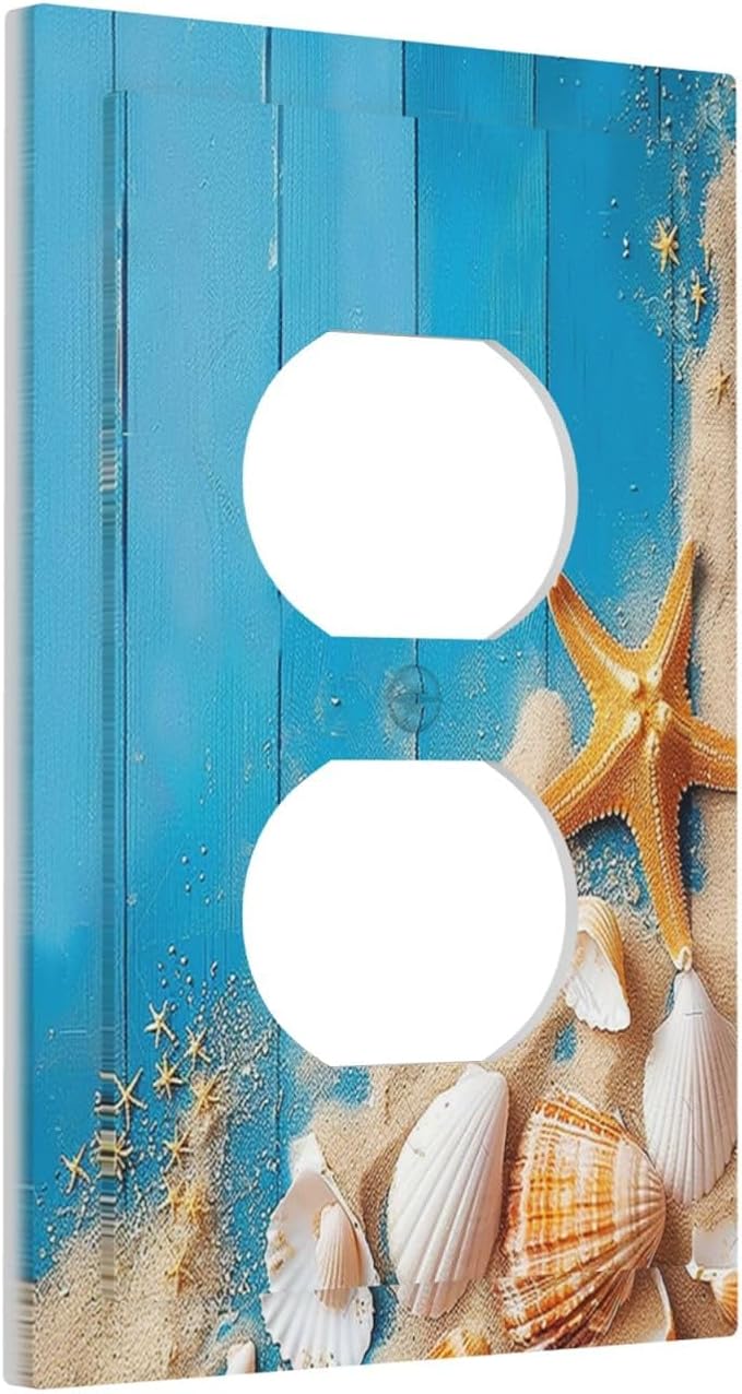 Outlet Covers Blue Wood Grain Beach Shell Starfish 1 Gang Duplex Wall Plate Decorative Switch Plates Electrical Receptacle Faceplate Light Switch Cover for Bathroom Farmhouse Decor