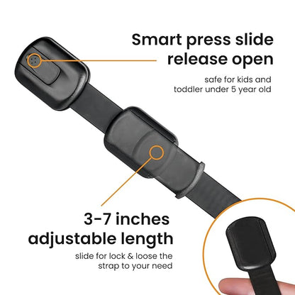 Child Safety Strap Locks (6 Packs) Baby Lock for Drawers, Refrigerators, Dishwashers, Toilet Seats, Cabinets, Ovens, Trash Cans, etc. Easy to Install, No Drilling Required, 3M Adhesive Pads (Black)