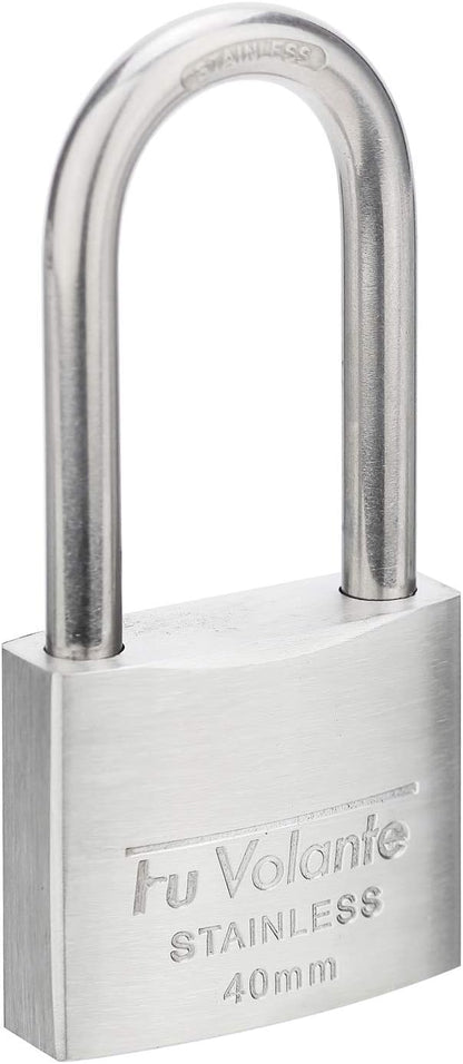 Stainless Steel Pin Tumbler Padlock, 304 Marine Series, Weatherproof Padlock for Outdoor use, 1-1/2 inch Wide Body, Keyed Alike Locks- Stainless Steel Body & Long Shackle-2 Pack