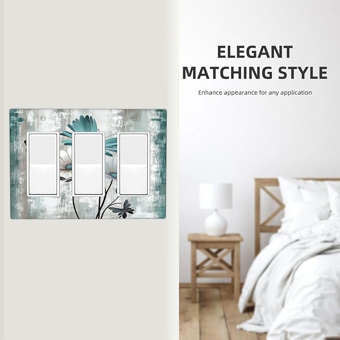 Light Switch Covers Rustic Teal Daisy Floral Flowers Butterfly Wood Grain 3 Gang Rocker Electrical GFCI Decorative Triple Outlet Wall Plate Cover Switchplate for Bathroom Bedroom Decor