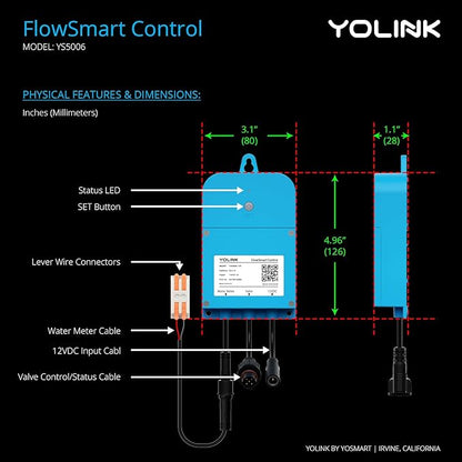 NSF Certified Pulse Meter + Shutoff Valve Kit, 1", FlowSmart Controller YS5006 Reads Meter Pulses, Real-Time Usage & Leak Detection, Auto Shutoff (D2D Offline), LoRa Long Range, Hub Included
