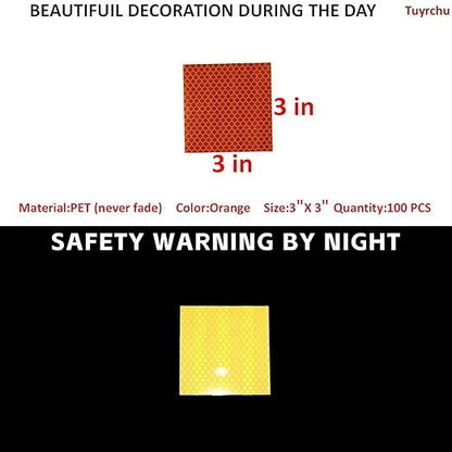 Non Fading Orange Reflective Stickers 3 inch X 3 inch, Outdoor Waterproof High Visibility Warning Safety Adhesive Reflector Tape (100 Pcs)