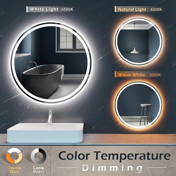 KWW Round Mirror Bathroom LED Lighted Mirror, Illuminated Dimmable Anti-Fog Wall-Mounted Makeup Vanity Mirror with Lights (36 inches)