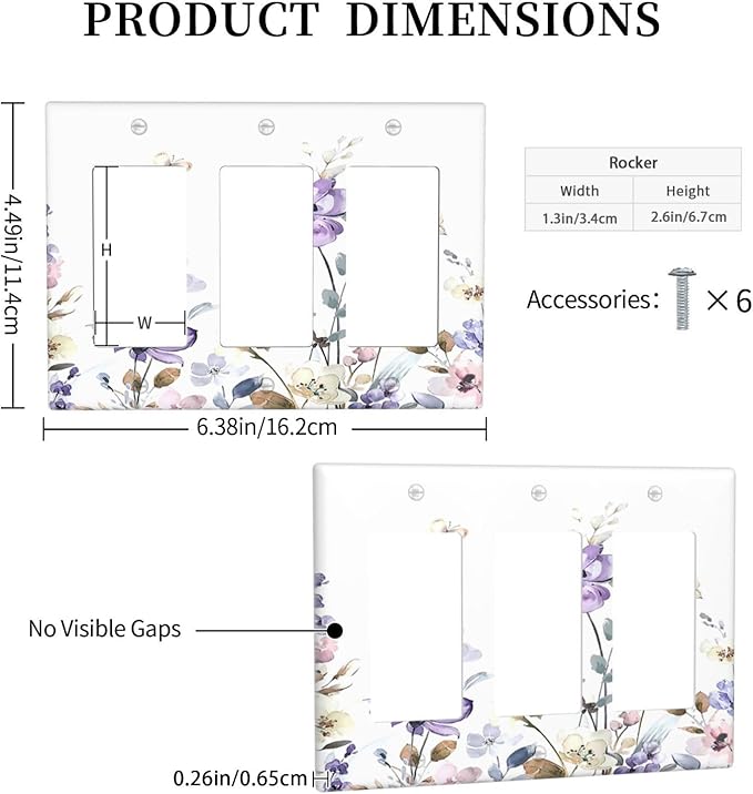 Light Switch Covers Purple Floral Lilac Watercolor Flower Leaves Butterfly Wildflower 3 Gang Rocker Electrical GFCI Decorative Triple Outlet Wall Plate Cover Switchplate for Bedroom Home