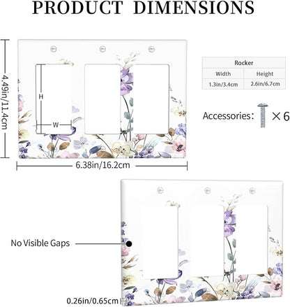 Light Switch Covers Purple Floral Lilac Watercolor Flower Leaves Butterfly Wildflower 3 Gang Rocker Electrical GFCI Decorative Triple Outlet Wall Plate Cover Switchplate for Bedroom Home